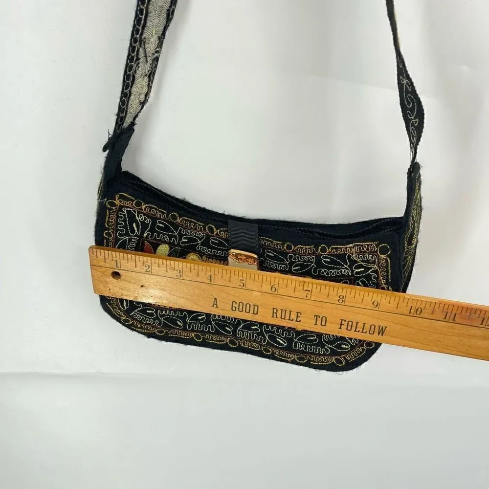 Womens Boho Bag Embroidered Handbag Purse handmade Black Multicolor